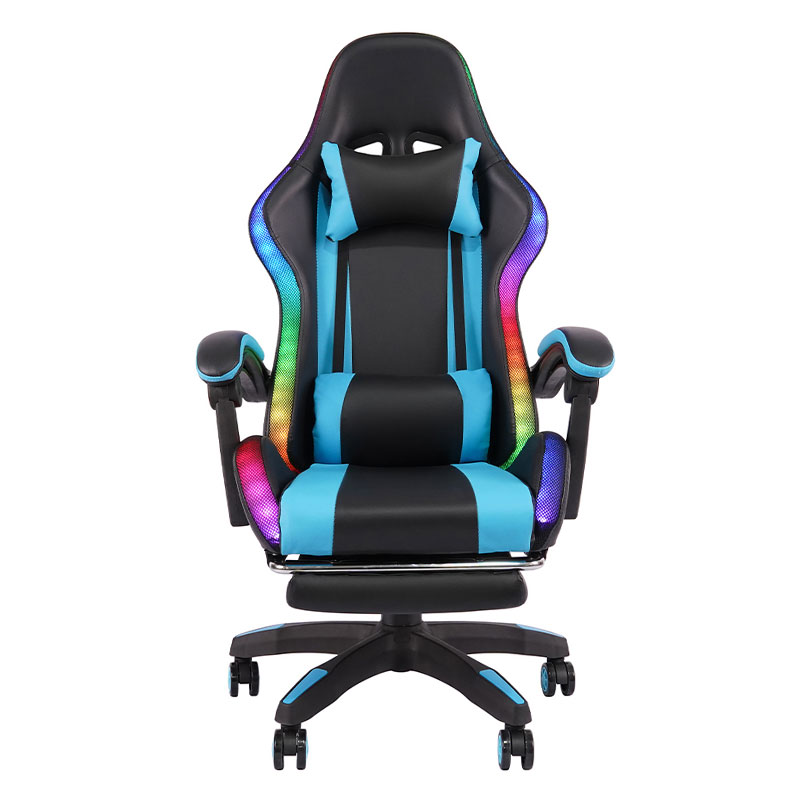 Blue Professional Swivel Recling RGB Gamer Justerbar Armlen Led Gaming Stol med Fotstøtte (Y-2442)