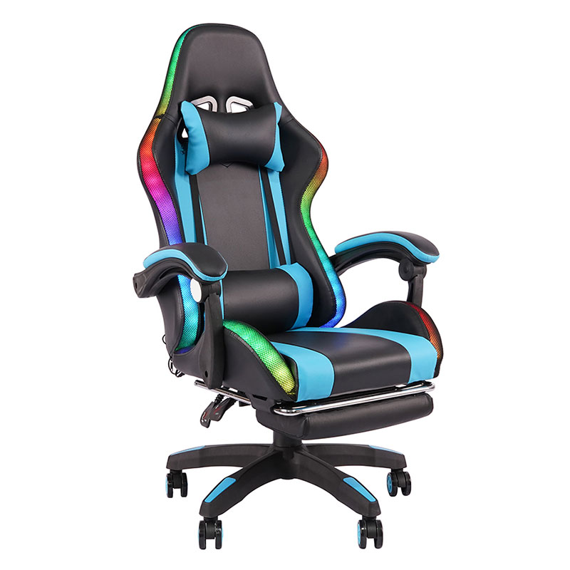 Blue Professional Swivel Recling RGB Gamer Justerbar Armlen Led Gaming Stol med Fotstøtte (Y-2442)