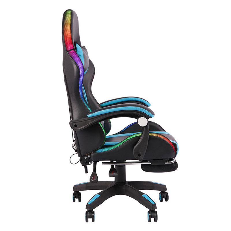 Blue Professional Swivel Recling RGB Gamer Justerbar Armlen Led Gaming Stol med Fotstøtte (Y-2442)