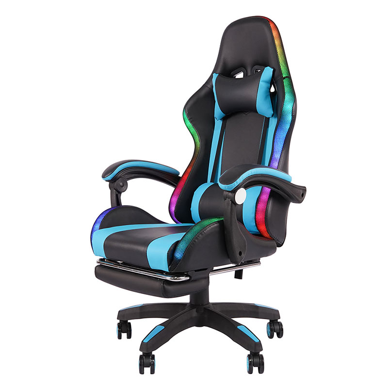 Blue Professional Swivel Recling RGB Gamer Justerbar Armlen Led Gaming Stol med Fotstøtte (Y-2442)