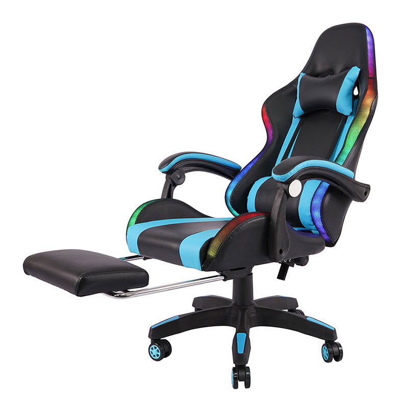 Blue Professional Swivel Recling RGB Gamer Justerbar Armlen Led Gaming Stol med Fotstøtte (Y-2442)
